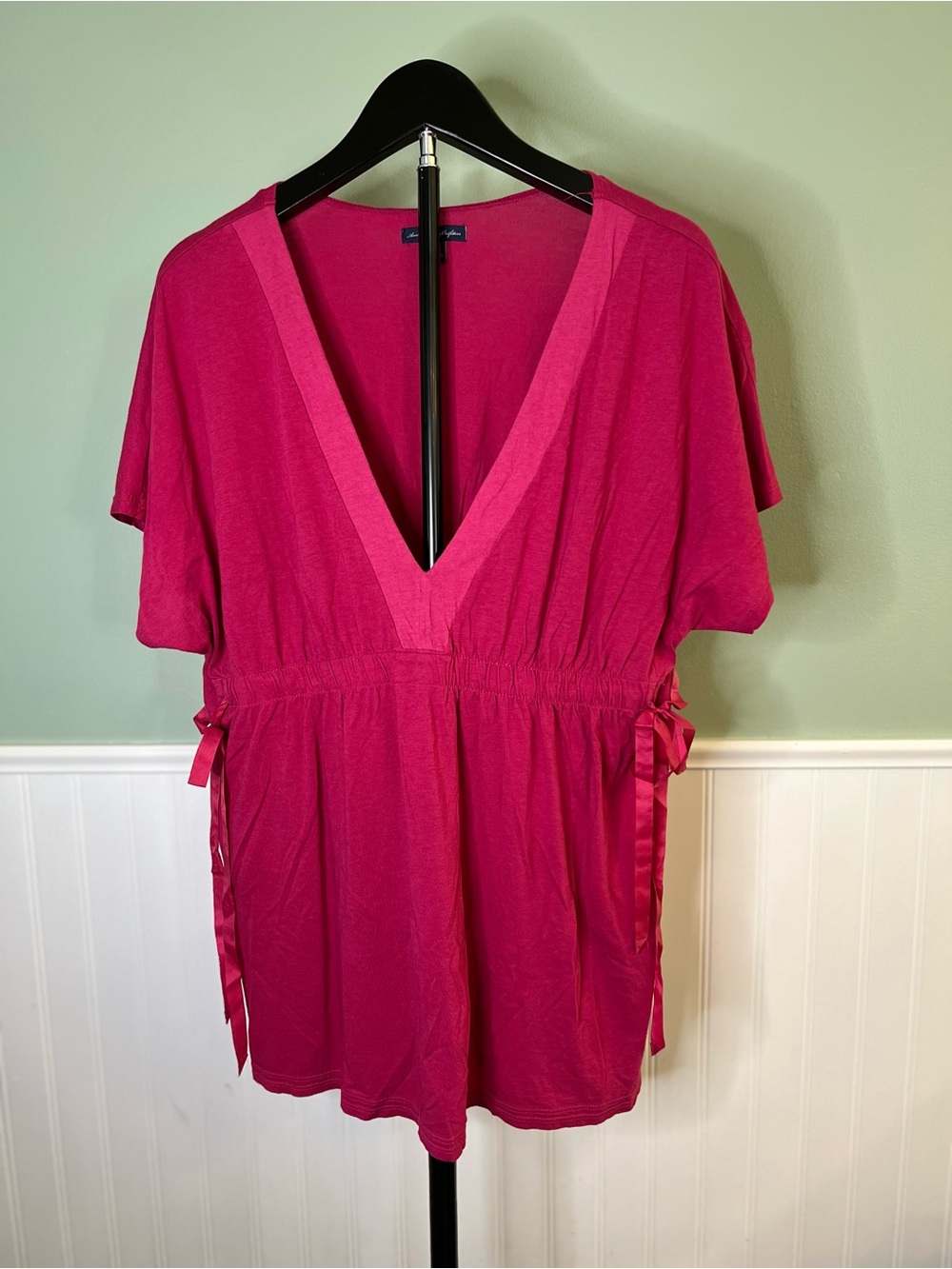 American Eagle Outfitters Pink Cotton Deep V Short Sleeve Tunic - Size L